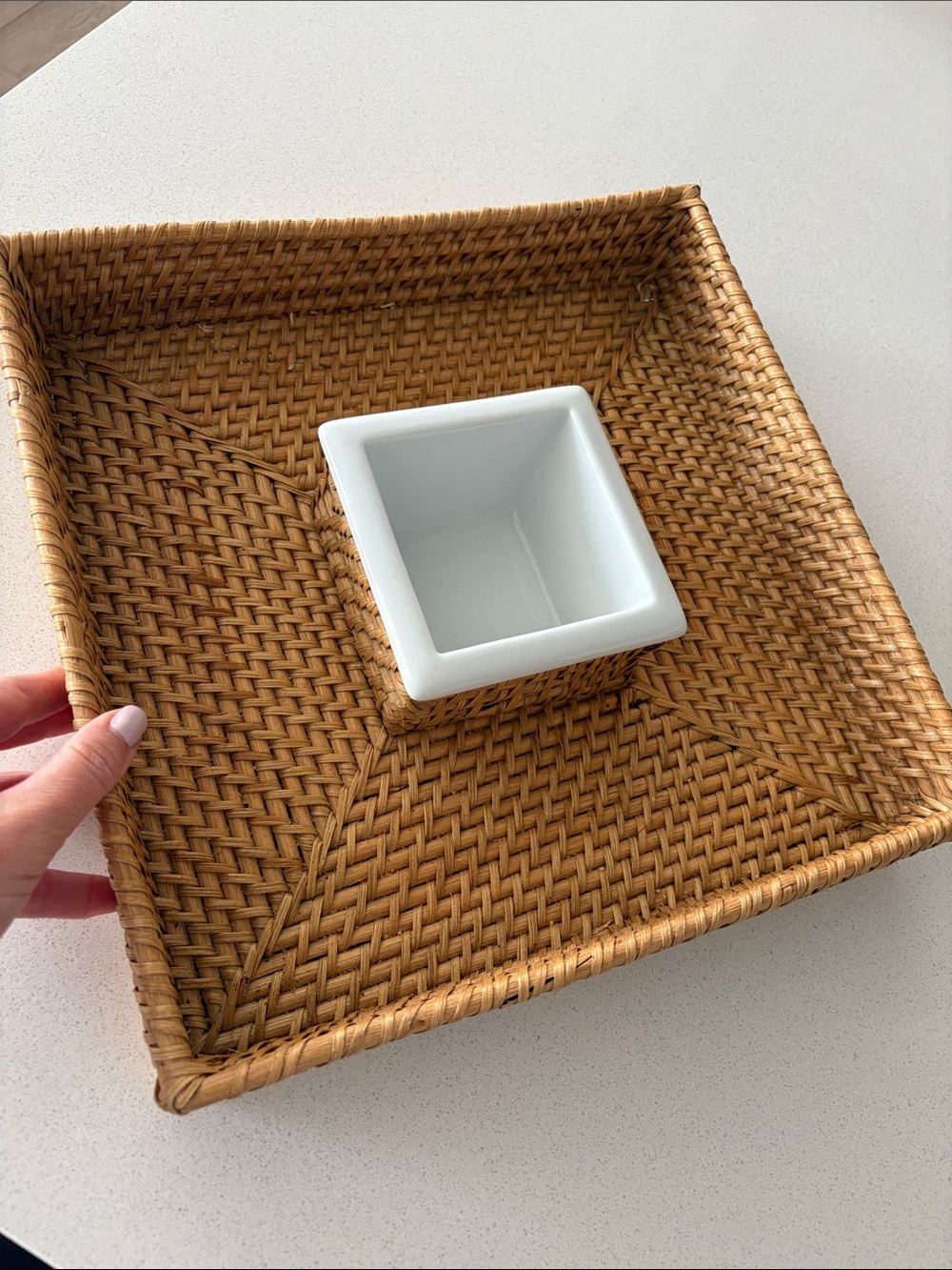 Woven Rattan Serving Tray with White Dip Bowl Princess House
